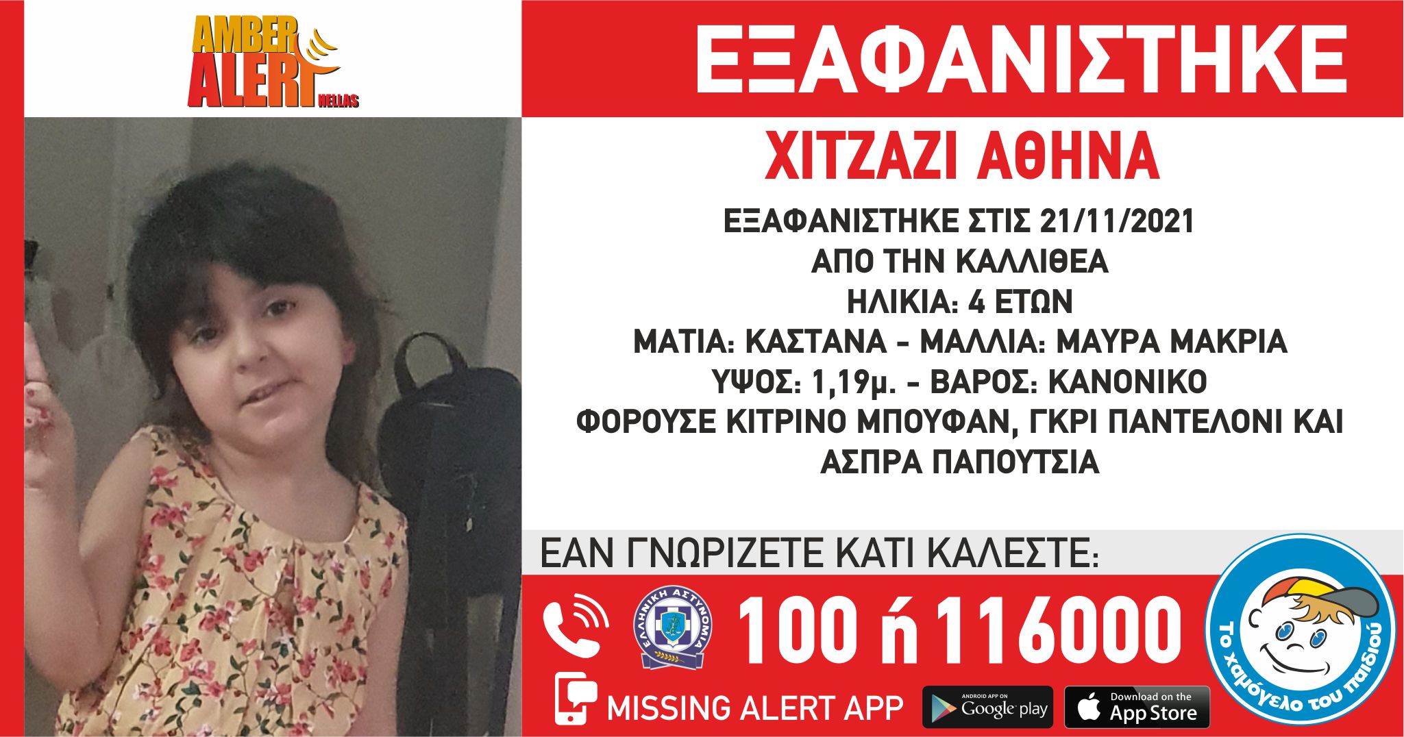 Χαμόγελο του Παιδιού: Εξαφανίστηκε η 4χρονη Αθηνά από την Καλλιθέα